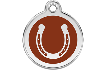 Horseshoe dog ID tag with stainless steel ring and brown enamel center