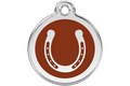 Horseshoe dog ID tag with stainless steel ring and brown enamel center
