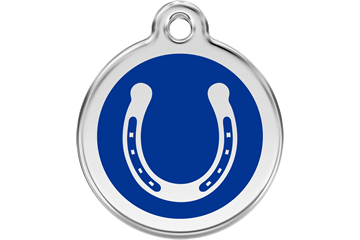 Horseshoe dog ID tag with stainless steel ring and dark blue enamel center