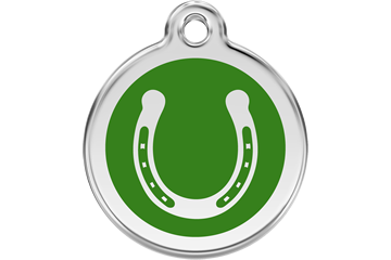 Horseshoe dog ID tag with stainless steel ring and green enamel center