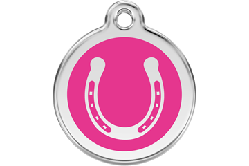 Horseshoe dog ID tag with stainless steel ring and hot pink enamel center