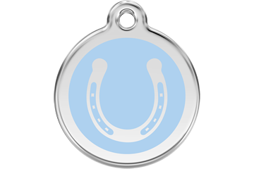 Light blue enamel horseshoe dog ID tag with stainless steel ring