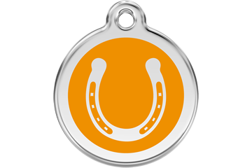 Horseshoe dog ID tag with stainless steel ring and orange enamel center