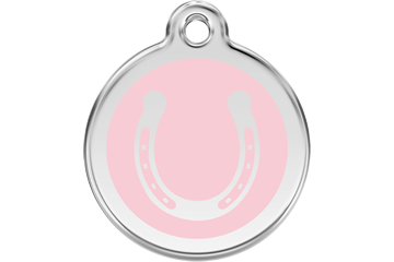 Horseshoe dog ID tag with stainless steel ring and light pink enamel center