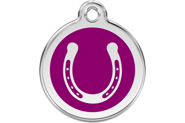 Horseshoe dog ID tag with stainless steel ring and purple enamel center