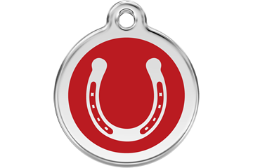 Horseshoe dog ID tag with stainless steel ring and red enamel center