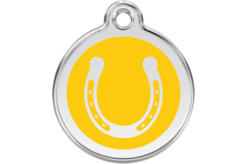 Horseshoe dog ID tag with stainless steel ring and yellow enamel center