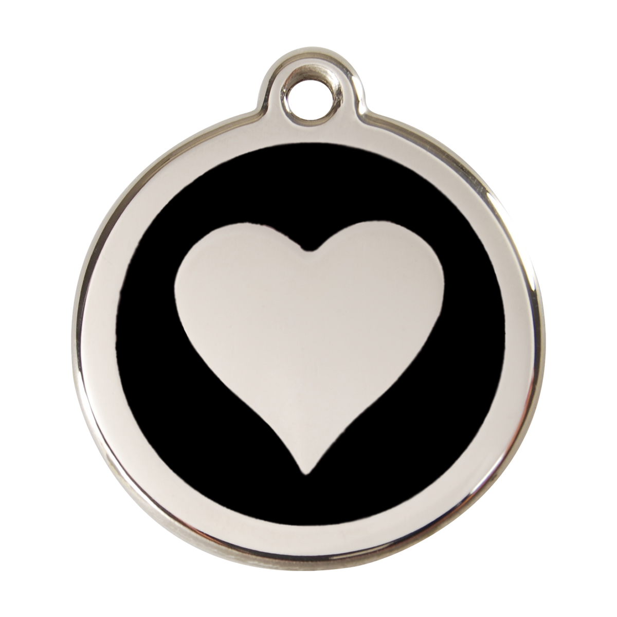 Stainless steel heart dog ID tag with black enamel background and white heart