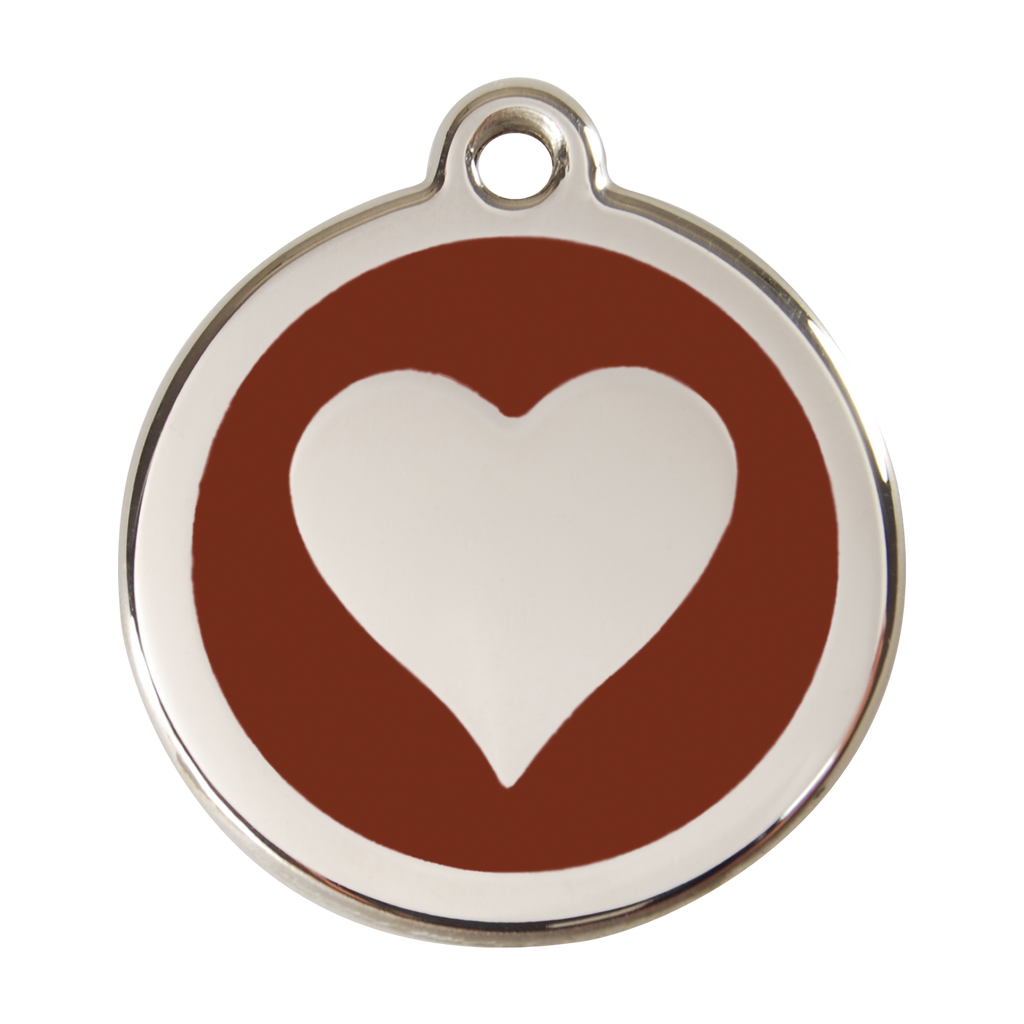 Stainless steel heart dog ID tag with purple enamel background and white heart