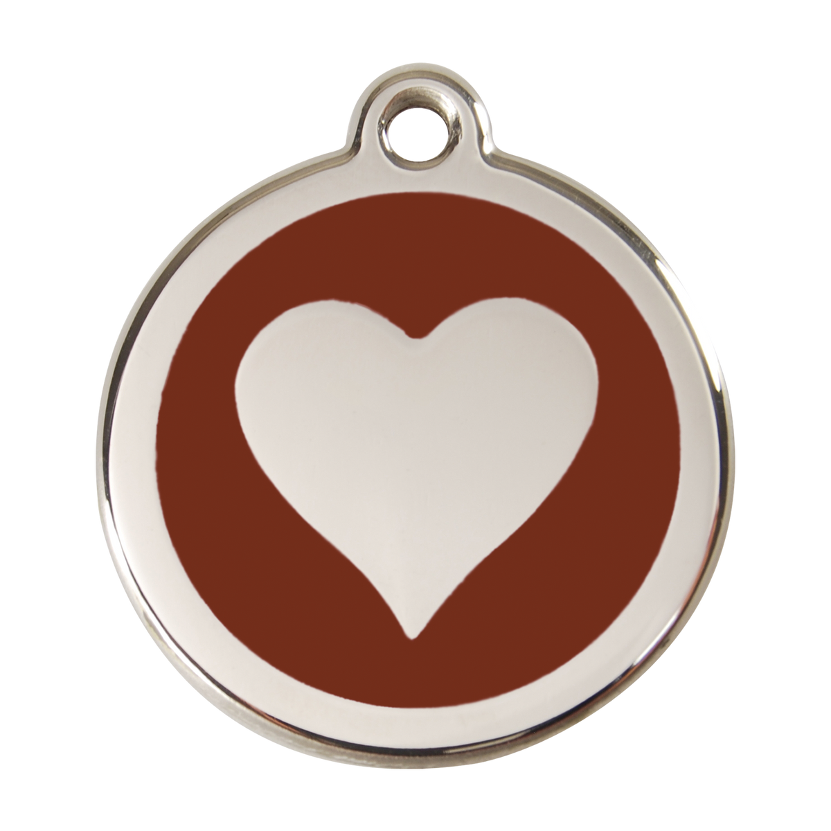 Stainless steel heart dog ID tag with purple enamel background and white heart