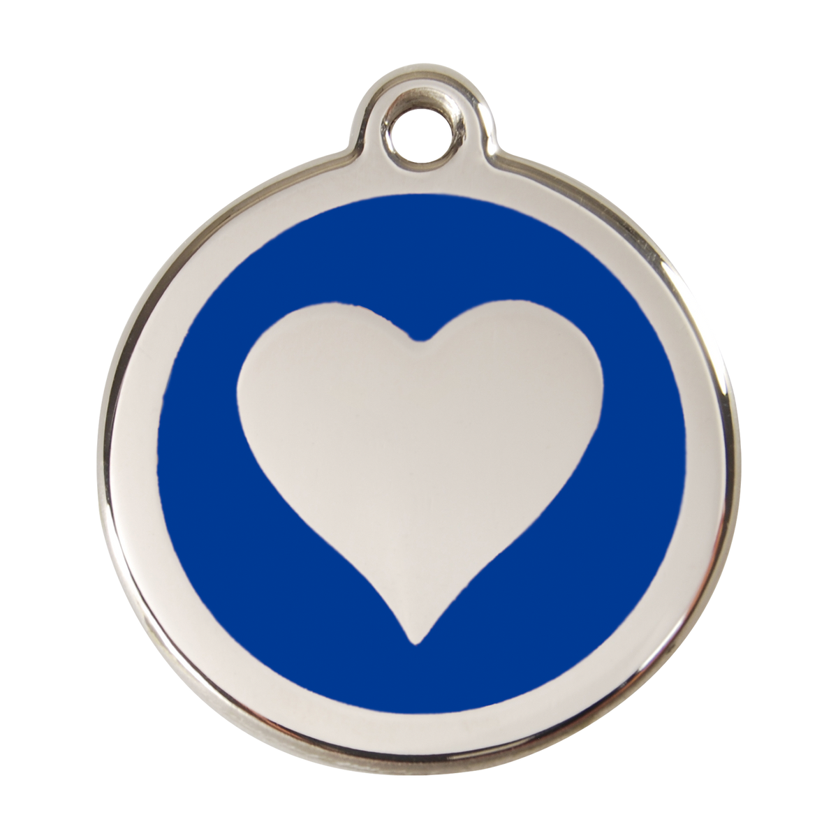 Stainless steel heart dog ID tag with dark blue enamel background and white heart
