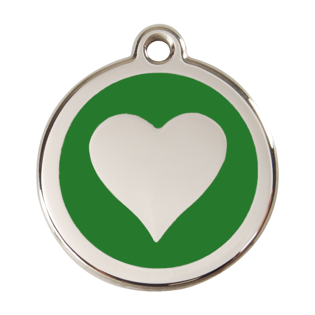 Stainless steel heart dog ID tag with green enamel background and white heart