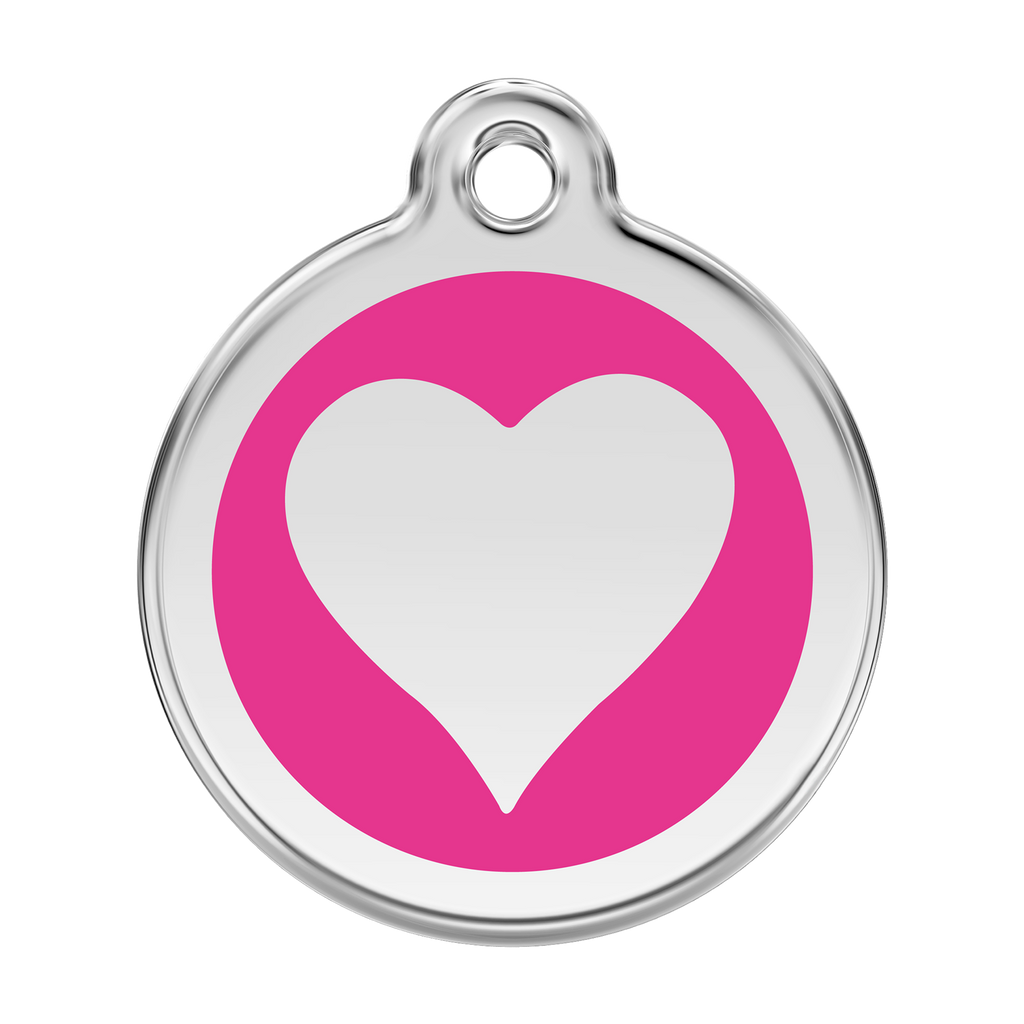 Stainless steel heart dog ID tag with hot pink enamel background and white heart