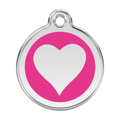 Stainless steel heart dog ID tag with hot pink enamel background and white heart