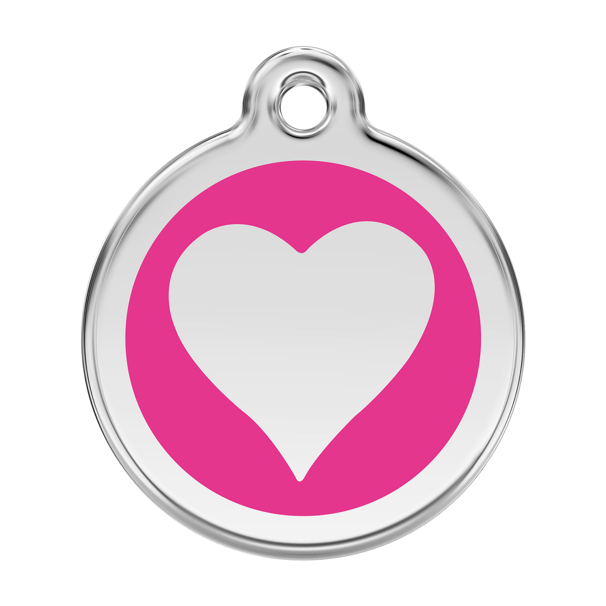 Stainless steel heart dog ID tag with hot pink enamel background and white heart