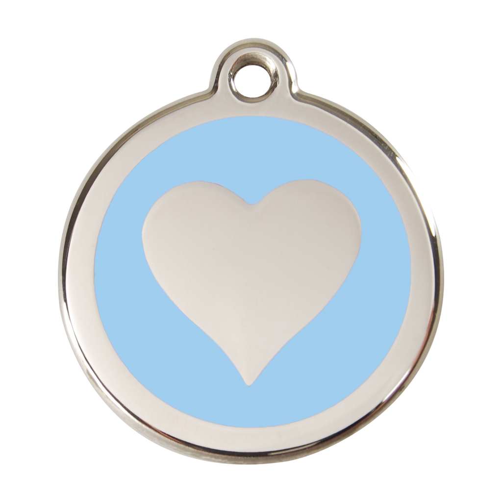 Stainless steel heart dog ID tag with light blue enamel background and white heart