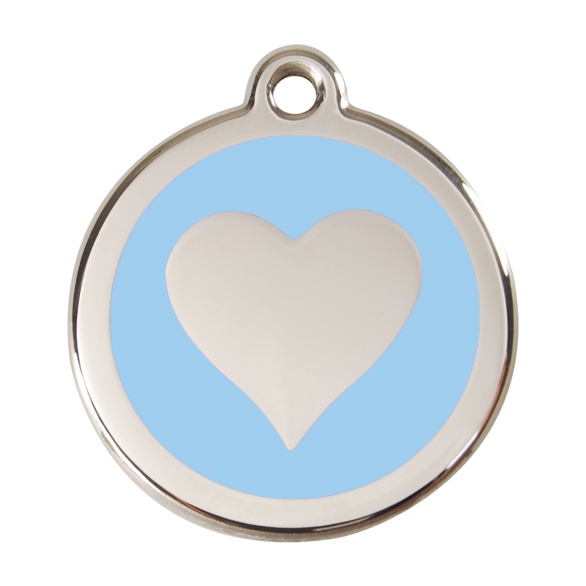 Stainless steel heart dog ID tag with light blue enamel background and white heart