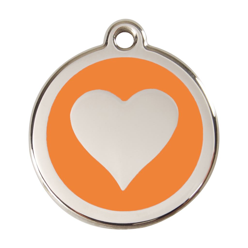 Stainless steel heart dog ID tag with orange enamel background and white heart