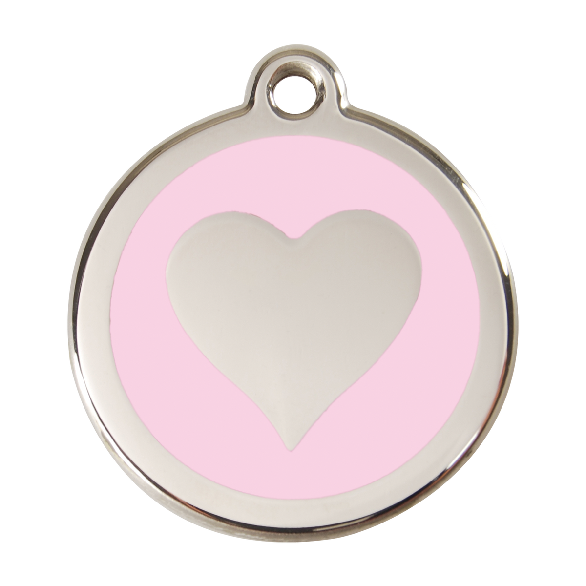 Stainless steel heart dog ID tag with light pink enamel background and white heart