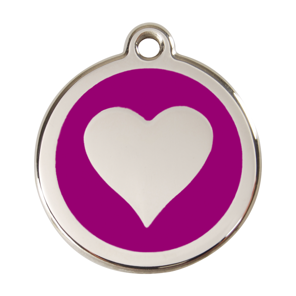Stainless steel heart dog ID tag with purple enamel background and white heart