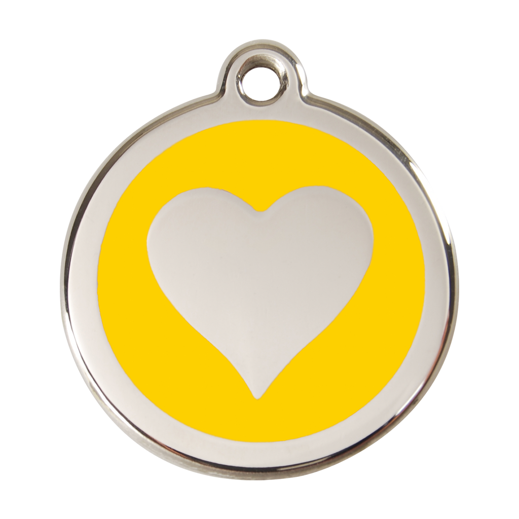 Red Dingo heart-shaped dog ID tag with yellow enamel center and stainless steel rim