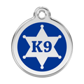 Stainless steel and enamel K9 dog ID tag, blue face with K9 symbol