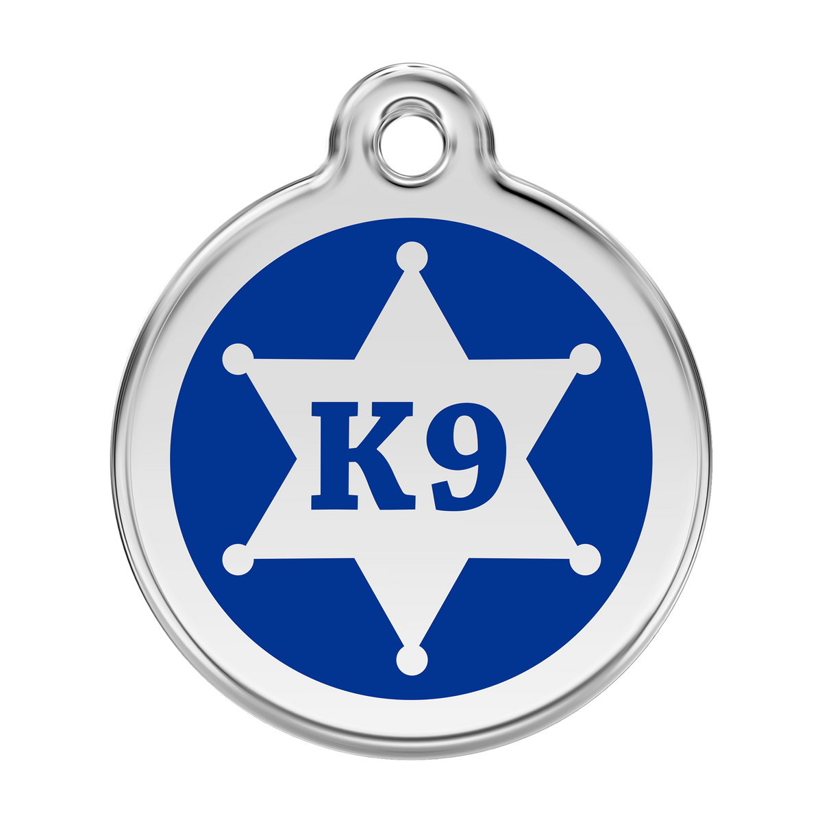 Stainless steel and enamel K9 dog ID tag, blue face with K9 symbol