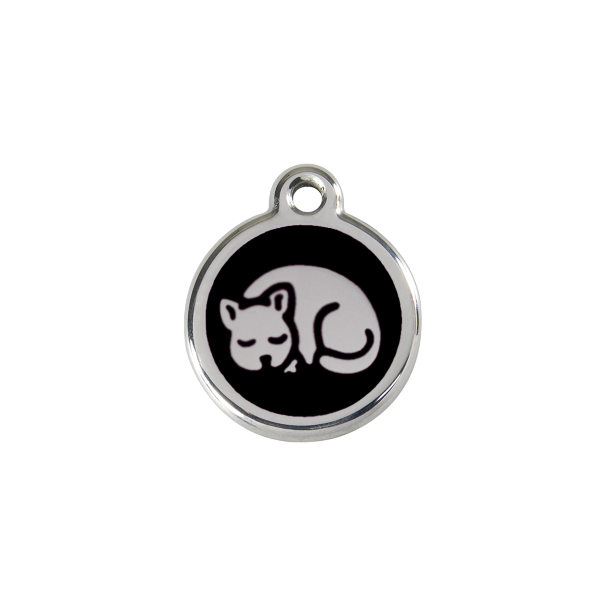Stainless steel cat ID tag with black sleepy kitty enamel