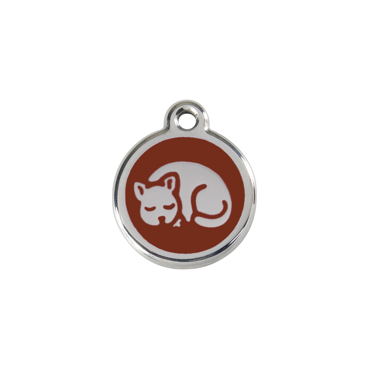Stainless steel cat ID tag with red-brown sleepy kitty enamel
