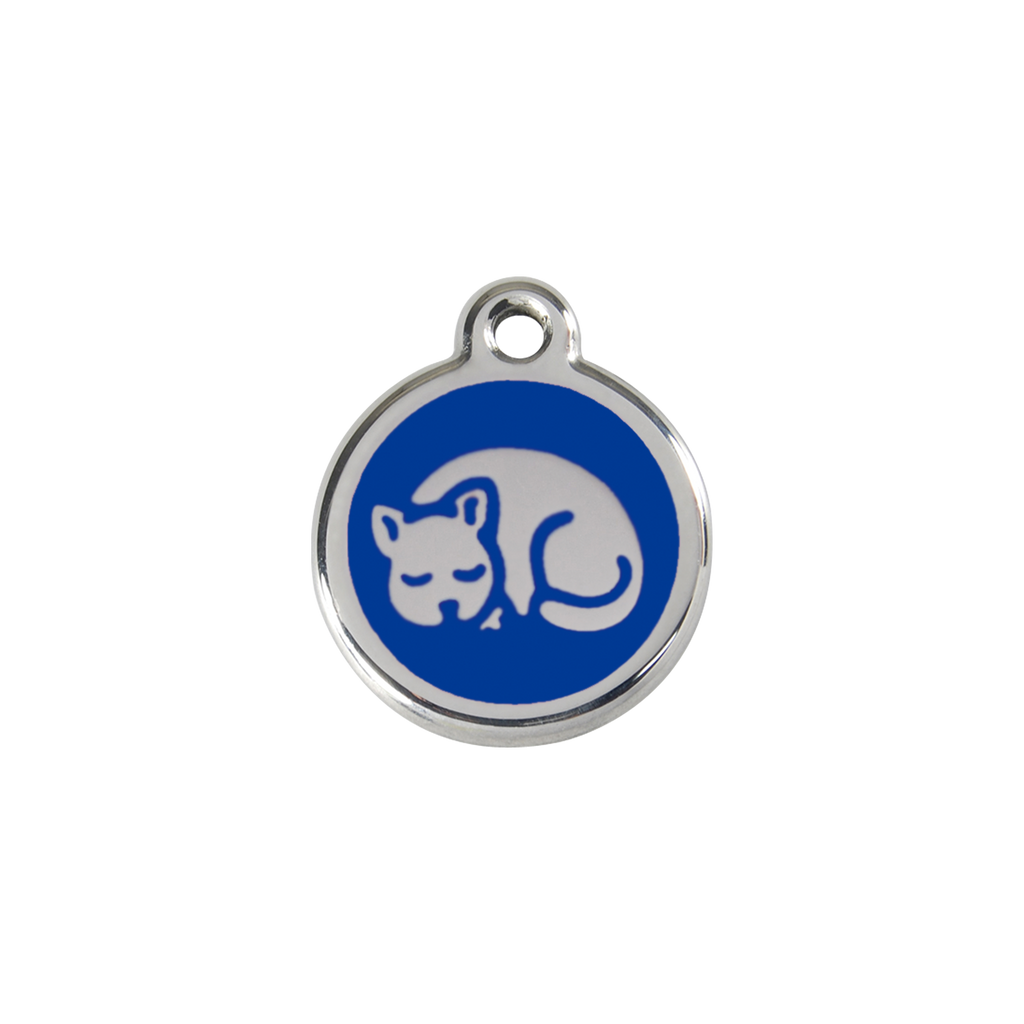 Stainless steel cat ID tag with dark blue sleepy kitty enamel