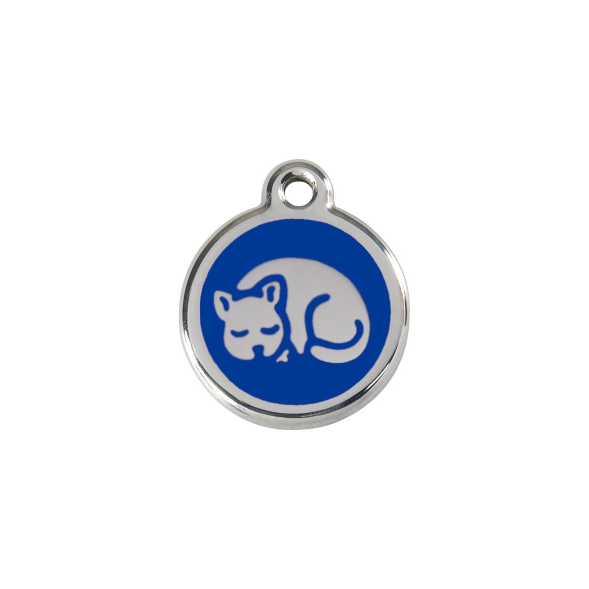 Stainless steel cat ID tag with dark blue sleepy kitty enamel
