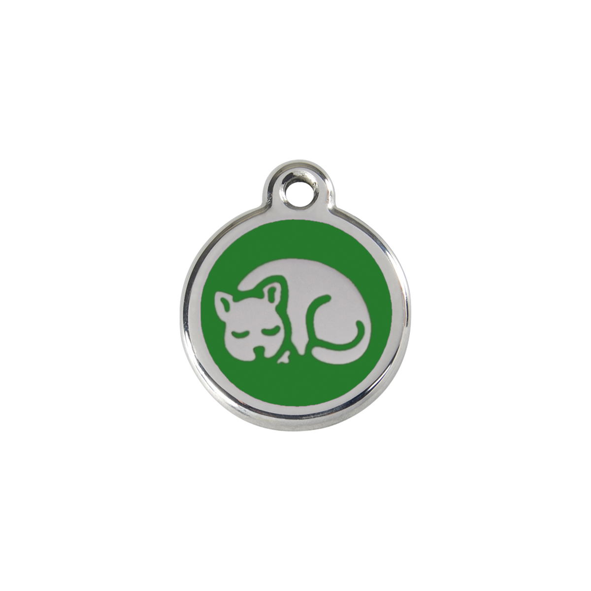 Stainless steel cat ID tag with green sleepy kitty enamel
