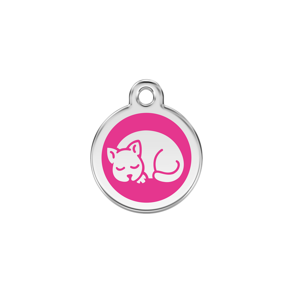 Stainless steel pet ID tag with pink sleeping kitty cat graphic