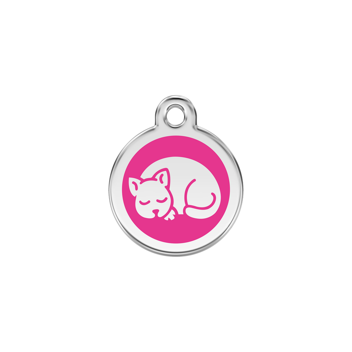 Stainless steel pet ID tag with pink sleeping kitty cat graphic