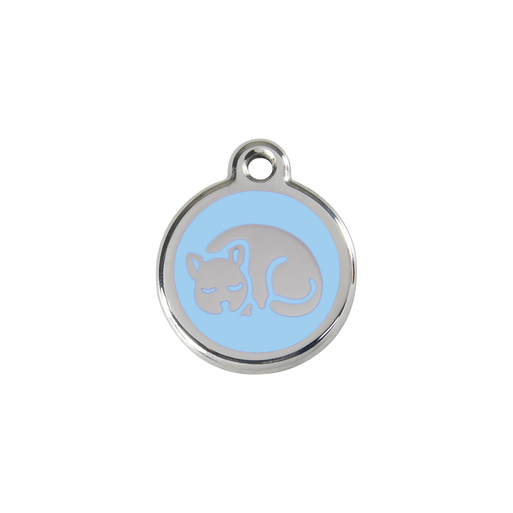 Stainless steel cat ID tag with light blue sleepy kitty enamel