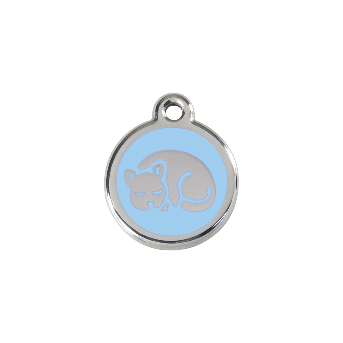 Stainless steel cat ID tag with light blue sleepy kitty enamel