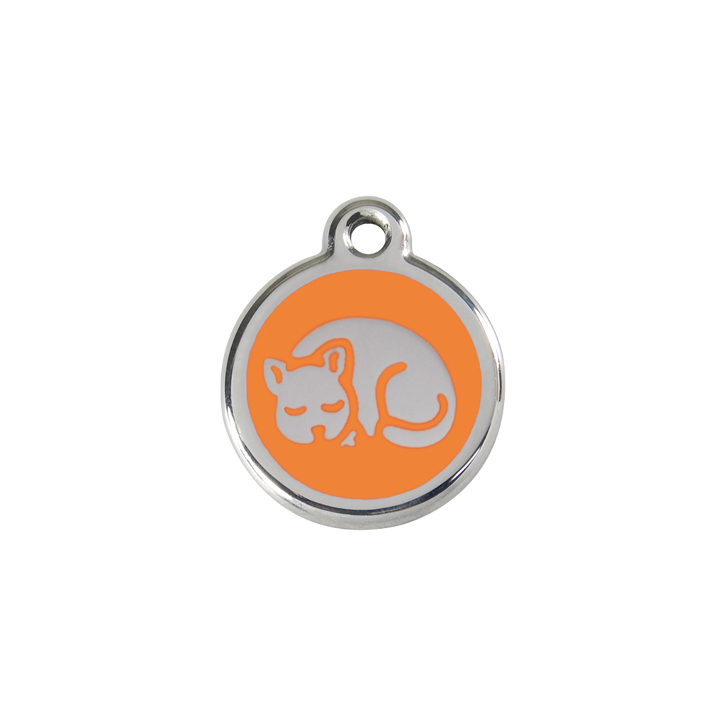 Stainless steel cat ID tag with orange sleepy kitty enamel