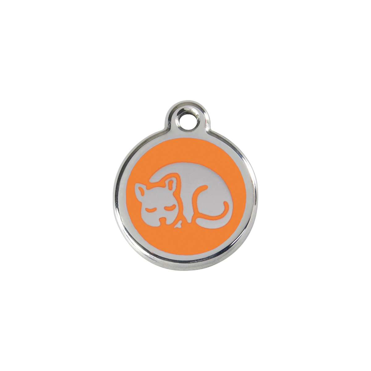 Stainless steel cat ID tag with orange sleepy kitty enamel
