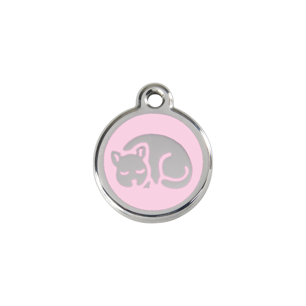 Stainless steel cat ID tag with pink sleepy kitty enamel