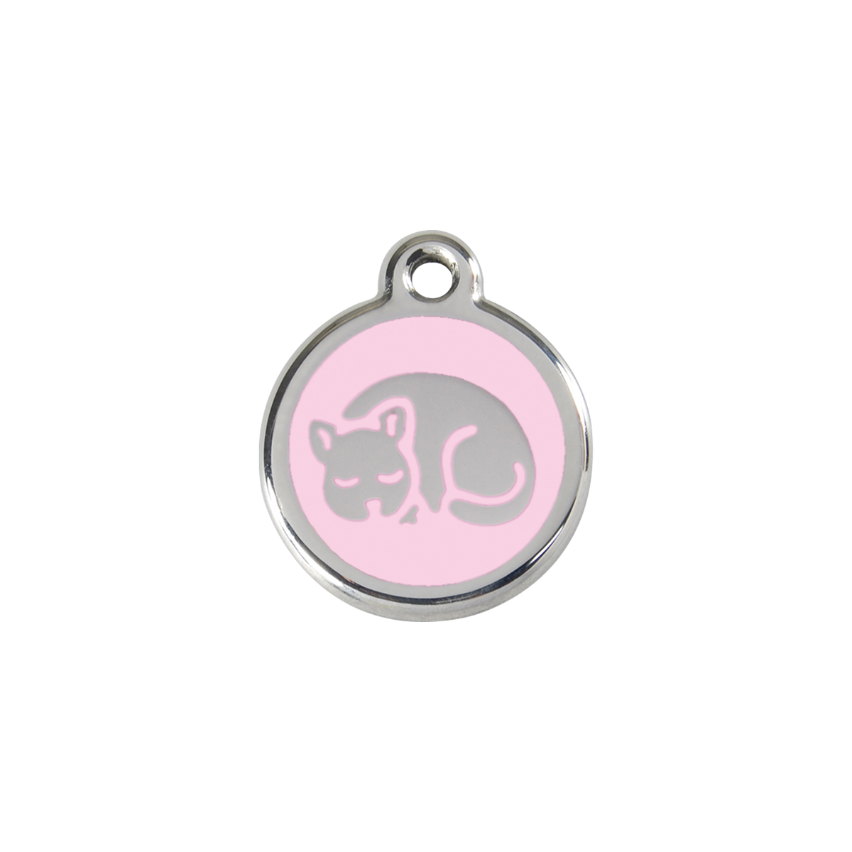Stainless steel cat ID tag with pink sleepy kitty enamel