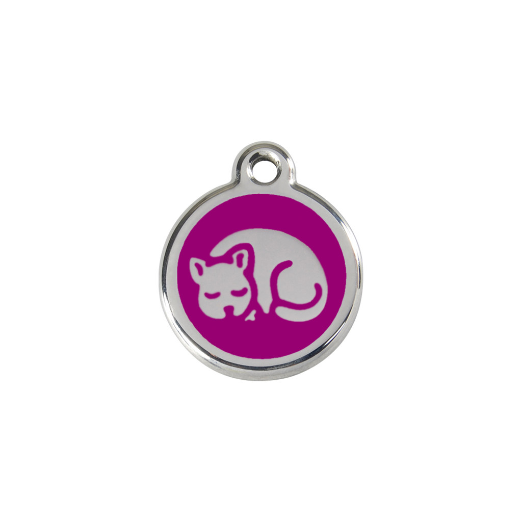 Stainless steel cat ID tag with purple sleepy kitty enamel