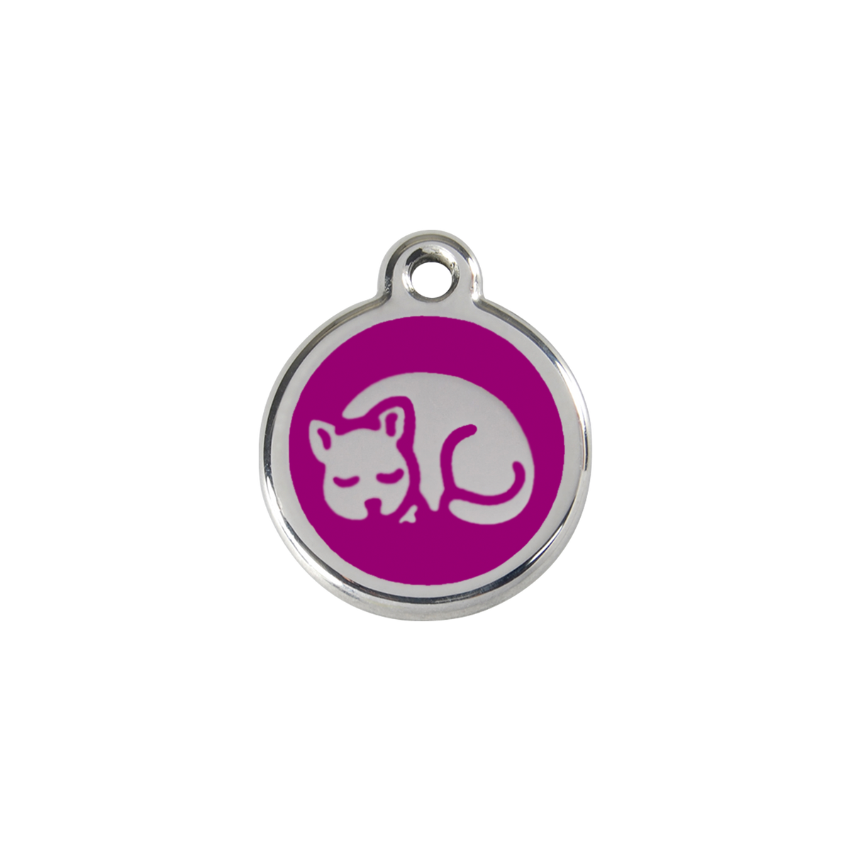 Stainless steel cat ID tag with purple sleepy kitty enamel