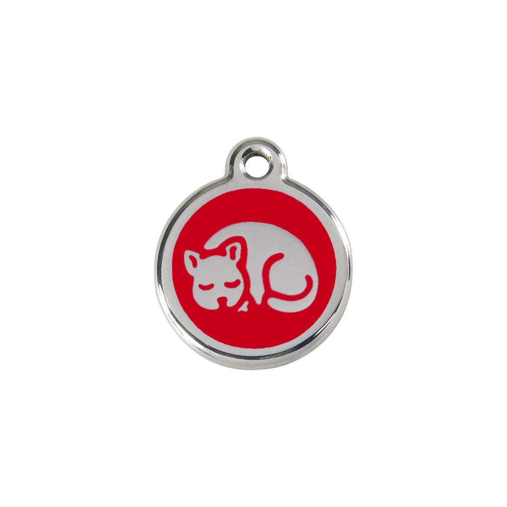 Stainless steel cat ID tag with red sleepy kitty enamel