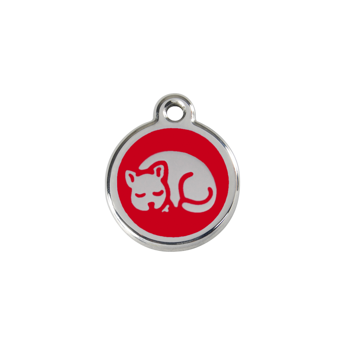 Stainless steel cat ID tag with red sleepy kitty enamel