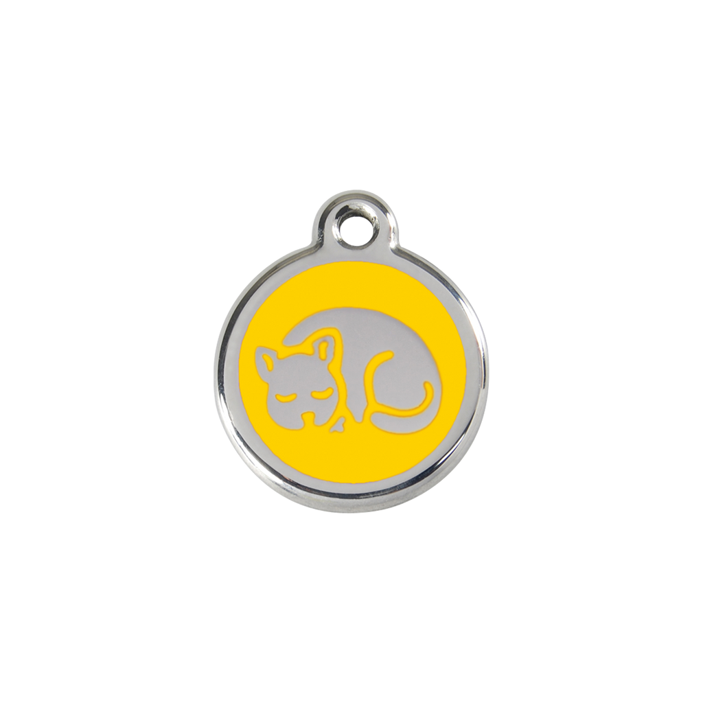 Stainless steel cat ID tag with yellow sleepy kitty enamel