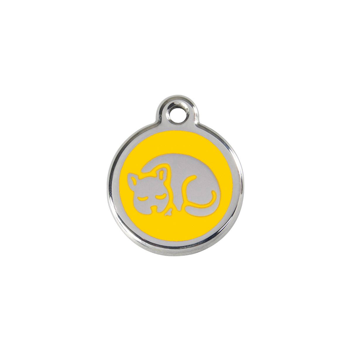 Stainless steel cat ID tag with yellow sleepy kitty enamel