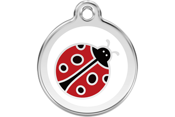 Stainless steel dog ID tag with red and black ladybug enamel design
