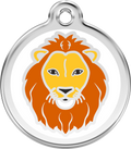 Stainless steel dog ID tag with lion enamel emblem and round loop