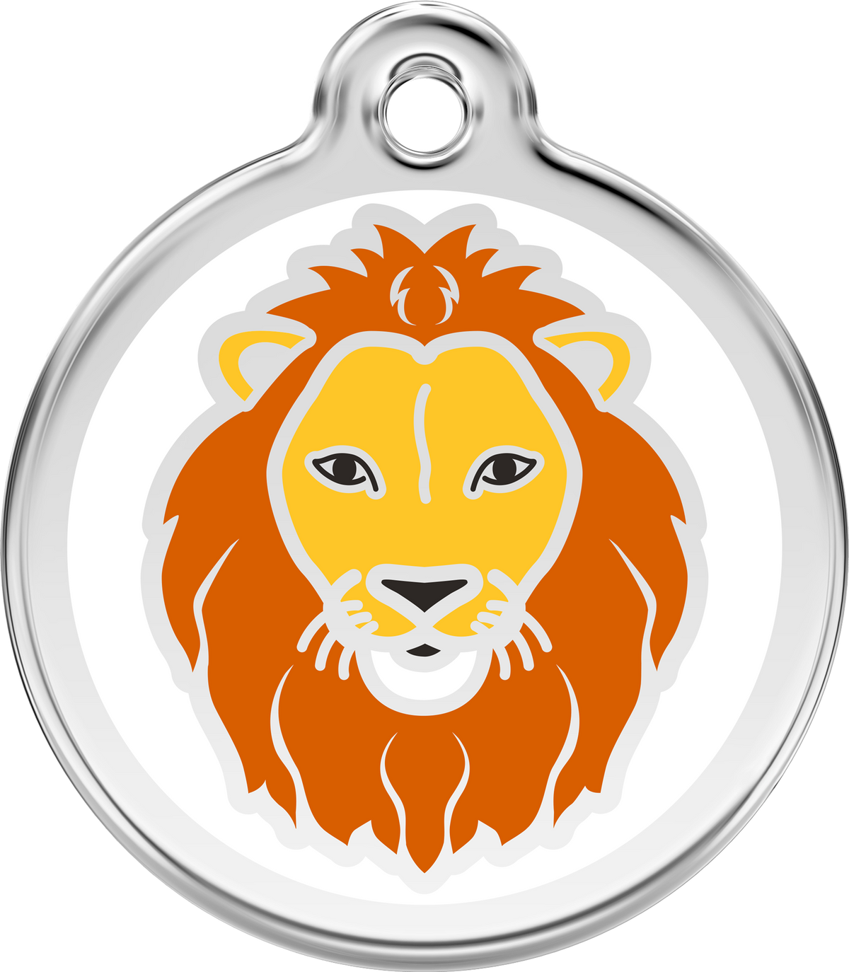 Stainless steel dog ID tag with lion enamel emblem and round loop