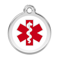 Stainless steel medical alert dog ID tag with red cross and caduceus symbol